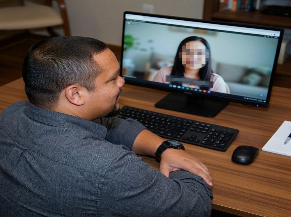 Hector providing a HIPAA-compliant telehealth therapy session — client identity blurred for privacy